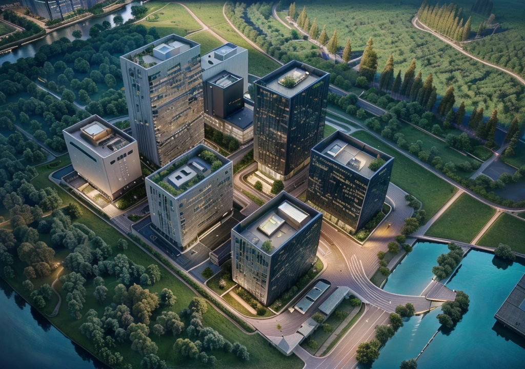 Skyscraper office building with green trees at night, High-tech environment, clear focus illustration hq, hq very detailed, The above points, skyscraper forest community, City, There is a river in the distance, City建筑亮化, High field of view, High-rise buildings，masterpiece，High Detail，HD resolution，8K，Crisp, high-quality rendering