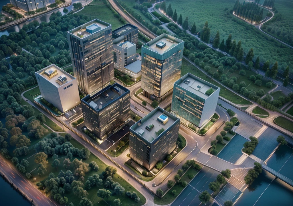 Skyscraper office building with green trees at night, High-tech environment, clear focus illustration hq, hq very detailed, The above points, skyscraper forest community, City, There is a river in the distance, City建筑亮化, High field of view, High-rise buildings，masterpiece，High Detail，HD resolution，8K，Crisp, high-quality rendering