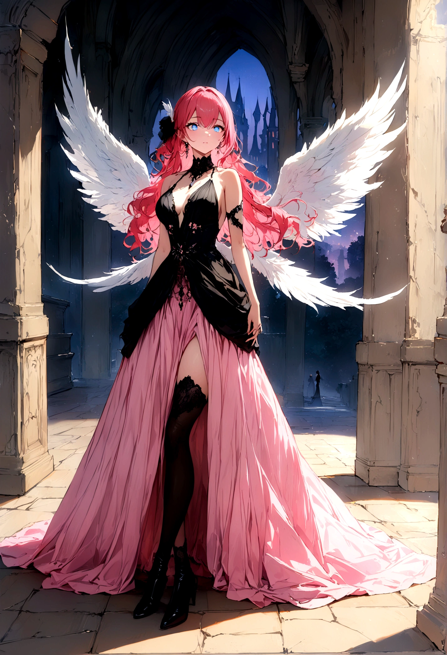 ((Highest quality)),(Ultra-high resolution),(Very detailed),(Detailed Description),((The best CG)),(A masterpiece),Ultra-detailed art,Amazing painting art,(Works with precise details:1.5), (1 female:1.6),(Beautiful and well-proportioned face:1.5),(Curly Hair:1.6),(Intricately detailed lace dress:1.9),Fine jewellery with exquisite detailing:1.5,Waist Accessories:1.5,Look at me and smile:1.5,  See-through nipples, Angel Girl, (Magnificent white angel wings on his back:1.3), Mature Woman,Descended into the church,(Pastel colored hair:1.3),(Red and black long high heel boots:1.4), (garter belt), (stockings)、 (Floating in the sky with magical powers:1.2),(Floating skirt:1.5), (Embarrassed expression, blush:1.2),（bracelet),(heart choker)
