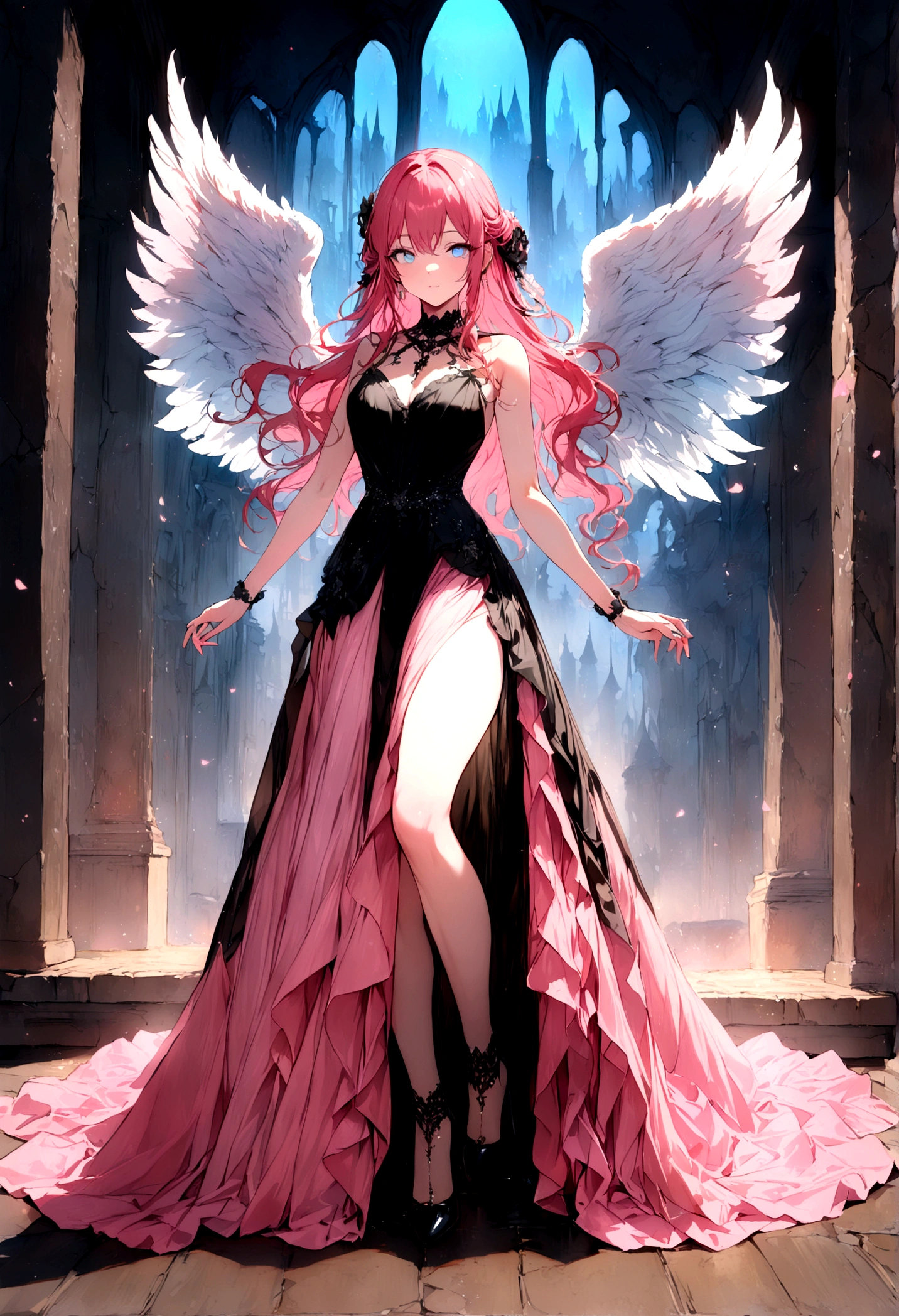 Arafed, a picture of a ((man: 1.5)) in high society prom event, divine beautiful muscled male, red hair, long hair, flowing hair, the hair glows in a soft light, cerulean eyes, deep light eyes, divine masculine face, some beard, he wears a ((pink and black evening dress: 1.5)), elegant, intricate detailed dress, silk dress, small cleavage, some crystals on the dress, he wears elegant knee high heeled boots, exquisite knee high heeled boots, he stands on the porch of a fantasy castle, dynamic angle, soft torch light, (Masterpiece: 1.5), 16k, highres, best quality, high details, ultra detailed, masterpiece, best quality, (extremely detailed), AngelStyle, GlowingRunesAI_paleblue, angel_wings, Angel