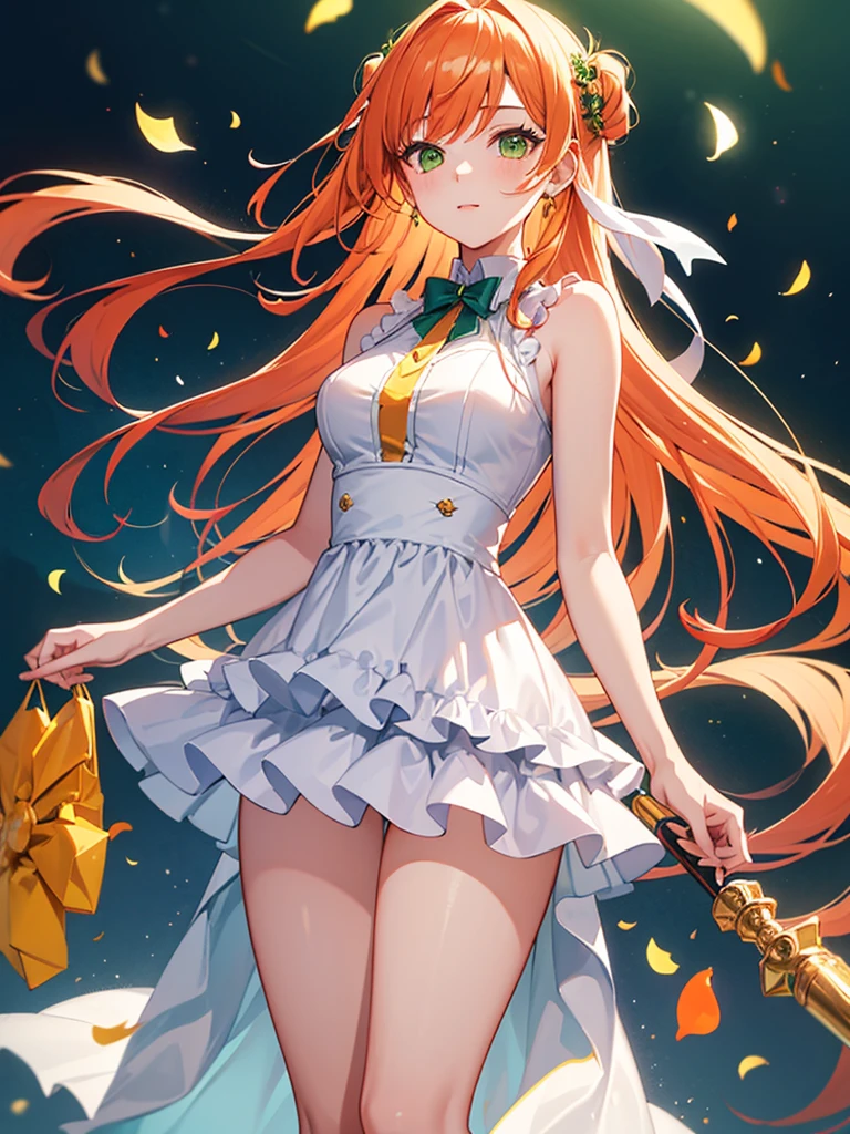 1girl, dress, idol costume, white clothes, layered skirt, orange hair, ((green eyes)), long straight hair