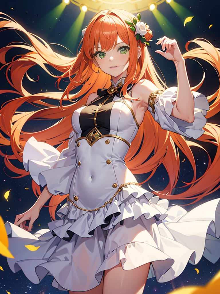 1girl, dress, idol costume, white clothes, layered skirt, orange hair, ((green eyes)), long straight hair