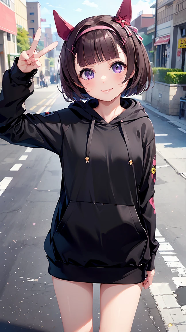 masterpiece, Highest quality, High resolution, Very detailed,(((Nishino Flower wearing a black hoodie))), (((peace sign))), (((smile))), Black Skirt, Outdoor, Panty shot, Pink underwear