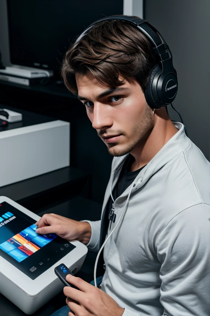 A handsome boy playing games in the world and he is wearing headphones 