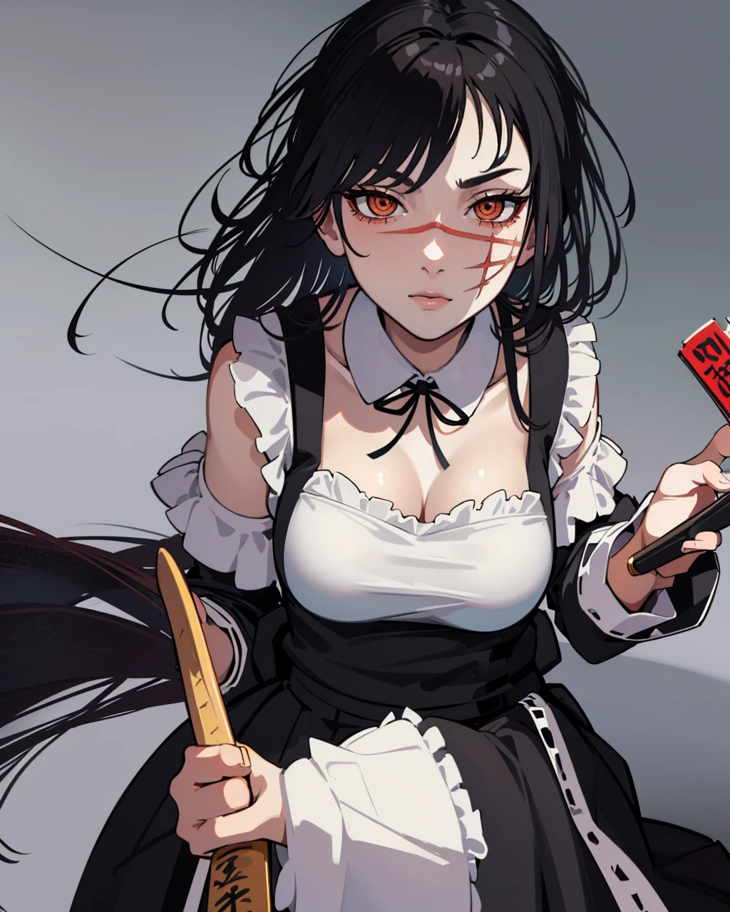 Properly holding a tanto or Japanese sword, (Very detailed CG unified 8k wallpaper), cool maid, Sexy maid outfit, Morbid expression, Two wolves emerge from the skirt, Mad eyes, 8K,tmasterpiece, Best quality,