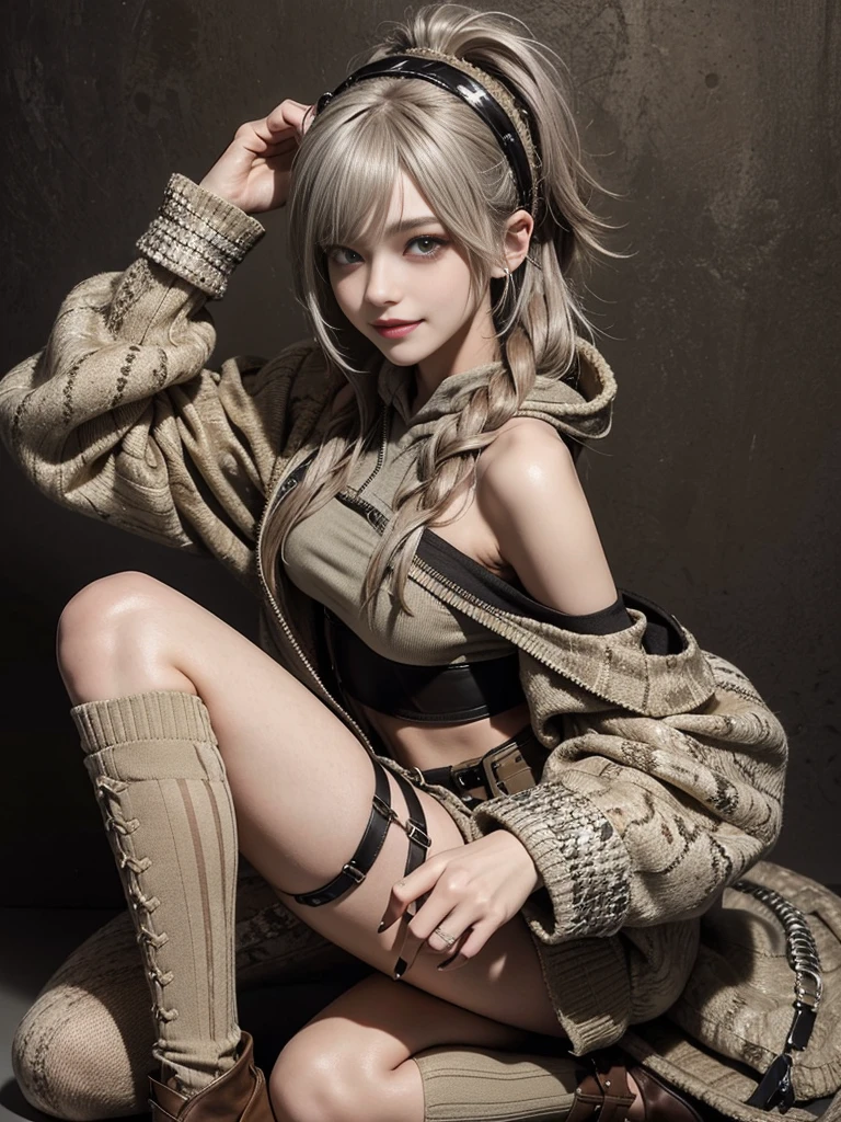 (Smiling with teeth showing:1.3),(Shibuya Gal:1.5)、(Beautiful:1.5)、(Neo-goth fashion:1.5)、(Punk RockVisual Kei:1.5)、(An off-the-shoulder hoodie in khaki and brown with delicate silver accessories.:1.5)、(A corset with a delicate beige and brown design:1.4)、(Dark grey, khaki and brown snakeskin bodysuit:1.5)、(Snake print headband:1.3)、(Beige and charcoal knee socks:1.4)、Embellished collar and long boots、(I'm selling snake print underwear.:1.4)、(Long eyelashes:1.3)、(20-year-old)、((Highest quality、8k、masterpiece:1.3))、1 Female、Slim and beautiful abs:1.3、(hairstyle casual、Beautiful boobs:1.1)、(Doing an aerobics pose:1.3)、dress:1.1、Super small face、Narrow eyes、double eyelid、A sloppy smile、Esbian all over、Dynamic Angle、Close-up、CPL Filter、Blurred Background、Bokeh、Blue Hour、Detailed face and skin texture、Detailed eyes、,(Twin tails:1.3)、(Brown-golden hair:1.3)、Gravure idol、(The background is a glamorous dance hall:1.3)、(Make your legs thinner:1.4)、(Slim body:1.3)、(clavicle:1.1)