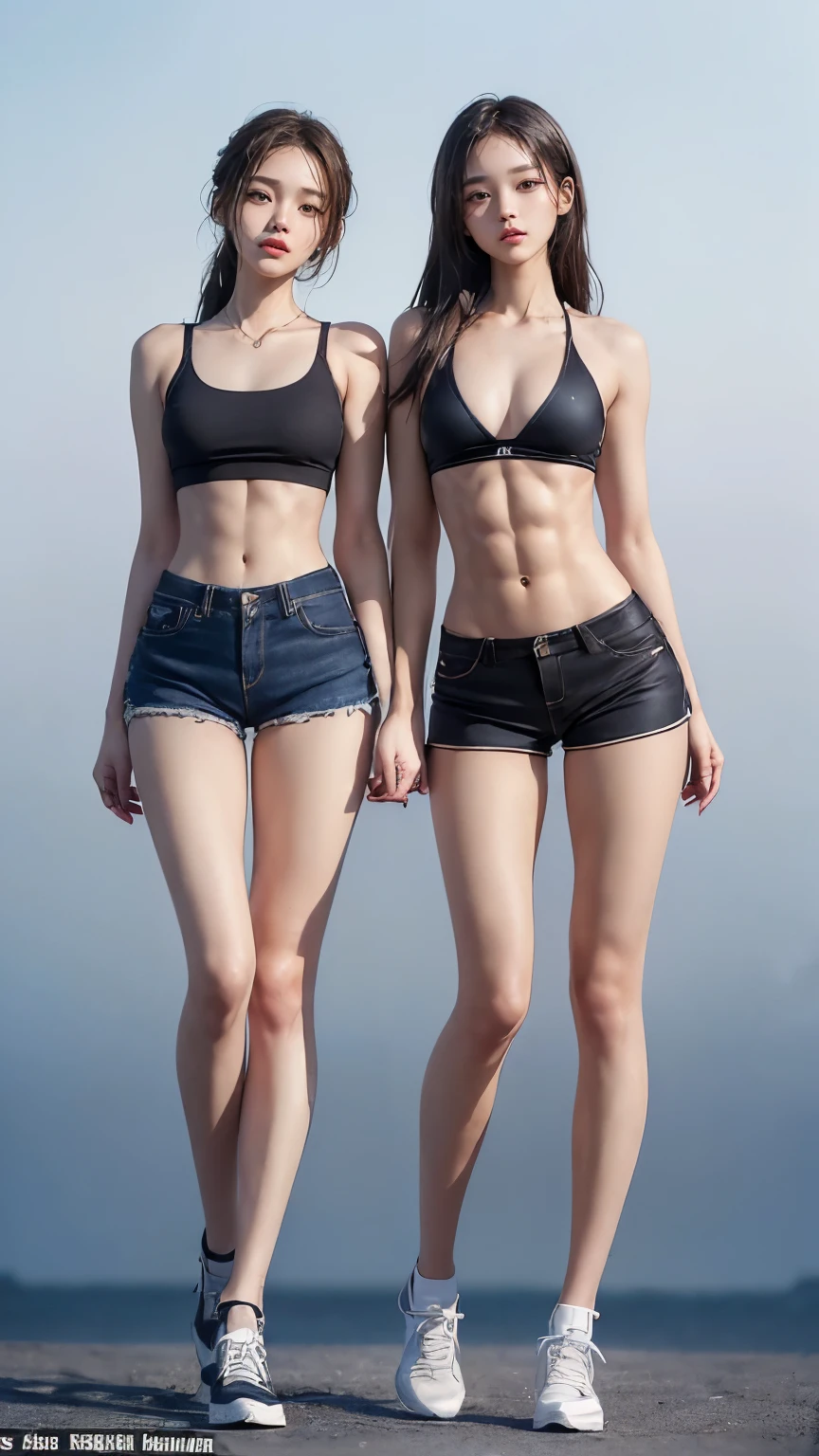 (8K、Raw photo、最high quality、masterpiece:1.5),(((((((Both of them stand with their legs apart:1.9))))))),(((((Both of them have an inseam that is more than half their height.:1.8))))),((Both have bare legs:1.6)),((Both of them are super slim:1.4))，(((((Two girls who look just like WONYOUNG from the k-pop group IVE were photographed:1.9))))),(((They both have super skinny legs:1.6))),(((Both are 173cm tall:1.4))),((Perfect k-pop IVE WONYOUNG style duo:1.4)),(((((Both of them take full body shots:1.8))))),((((Both of you should face your whole body straight ahead.:1.8)))),(((Photographed from below to show the whole body of the legs so that they look longer.:1.7))),Skin irregularities are reproduced in minute detail:1.4, (Super thin waist: 1.2),((超Thin thighs:1.3)), Thin buttocks,Open the navel,１Detailed reproduction of the navel,((Perfect super slim legs:1.3)),(((both of them are the same height:1.3))),(((Both of them have amazingly slim figures.:1.2))),(((Both are wearing micro shorts with a rise of 15cm and an inseam of 1cm.:1.8))),(Both are :1.2),((((Both of them are extremely exposed.:1.7)))),(((((Both of them have super-strong abs:1.9))))),((Both of them were wearing short, form-fitting white sports bras.:1.4)),(((Big boobs but no bra:1.4))),(((Both of them had high, erect nipples clearly visible protruding from under their white sports bras.:1.4))),((((Standing in a fashionable theme park on a sunny day:1.4)))),Highly detailed face and skin texture,(Both of you stand with your legs straight and without bending your knees.:1.3),(((They&#39;re both the same height:1.4))),((Both of them look just like WONYOUNG from the K-pop idol IVE.:1.8)), ((((Sunny afternoon:1.3)))),((cute:1.4)),Both are fair-skinned Asians,,Both of them have beautiful eyes,,Both of them have beautiful eyes,,Both of them have beautiful noses, which are realistically reproduced.,Both of them have realistic eyes.,Both have beautiful mouths,((They both have beautiful fingers)),nail,Both of them have beautiful faces.,Both of their beautiful faces are realistically reproduced.,cute,(Ultra-Realistic Details), Natural Shadows,(Very small hips:1.4),Large firm breasts, Super long thighs,(((超Thin thighs:1.2))),(((Super slim calves))),(Both of them have the slender bodies of well-trained track and field athletes.:1.5),(Super muscular body:1.5),Super toned waist,(Super thin waist:1.3),((White high heels:1.2)),lengthen limbs,(((((Shooting the whole body from calf height:1.6))))),(Both of them have slim, toned ankles.:1.2),((((Wide open abdomen:1.5)))),Hands on hips,Both of them face forward,((Both figures have detailed and clear reproduction of the crotch area.)),((Super long legs:1.3)),Thin thighs,((Both of them have bare legs.:1.6)),((Both of them are showing off their legs in a very extreme way.:1.5),((Both of them are showing off their bellies in an extremely extreme way.:1.4),(Black hair ponytail),(Neither of them wears tights or socks.:1.5),((Both of them stand up straight.)),((Keep your hips facing forward:1.5)),2人とも8頭身スタイルBeauty,The ankles are super thin,The arms are very thin and muscular,Make your arms thinner,(((Clearly reproduces the skin texture of the legs down to the finest detail))),Faithfully reproducing the fingers of the hand,(Both of them have super long legs.),(Accurate reproduction of each finger:1.3),(((Each toe is accurately reproduced:1.2))),The middle of the thighs are very thin,(((Clearly reproduces the muscle texture of ultra-muscular and ultra-thin calf skin))),(((超筋肉質な超Thin thighsの肌の筋肉質感を明確に再現する))),(Very tight waist:1.2),((Both of them have an inseam that is more than half their height.の美脚:1.6)),(Extremely thin thighs:1.3),Beauty,Fine skin,Firm skin,(((Both of them should fit from the top of their heads to the toes of their heels.:1.5))),(((They both have super skinny legsの肌を細部まで忠実に再現する))),(Both of them are super muscular and have super thin legs with realistic skin.:1.3),((Realistically reproduces the fine details of toned, slender leg skin:1.3)),((Dazzling Midsummer)),(((Both of them have super-strong quadriceps:1.6))),(((Both of them have extremely well-trained gastrocnemius and soleus muscles.:1.6))),((2人とも超細くてSuper long legs:1.2)),Front lighting,Super detailed, High detail, high quality, Awards,High resolution,(Anatomically correct:1.5),((((Both of them stand with their legs apart:1.5))))　