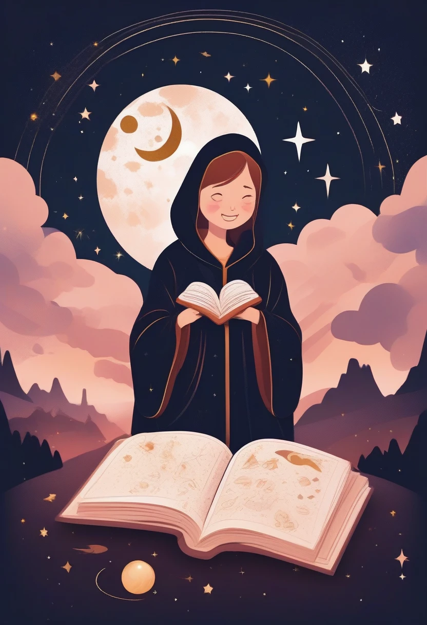 score_9, score_8_up, score_7_up, score_6_up, score_5_up, score_4_up, cute astrologer, smiles, wearing hooded robe, runs astrologer's shop on lush hilltop, round table covered with cloth, dancing stars, mysteriously glowing horoscope, moon, sun, stars, constellations, cute fantasy, disney-style effects