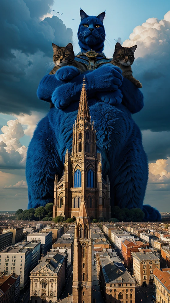 A giant cat in a blue and orange outfit towering over a city with ornate buildings and a cathedral in the background, in the style of a surreal, fantastical digital illustration.