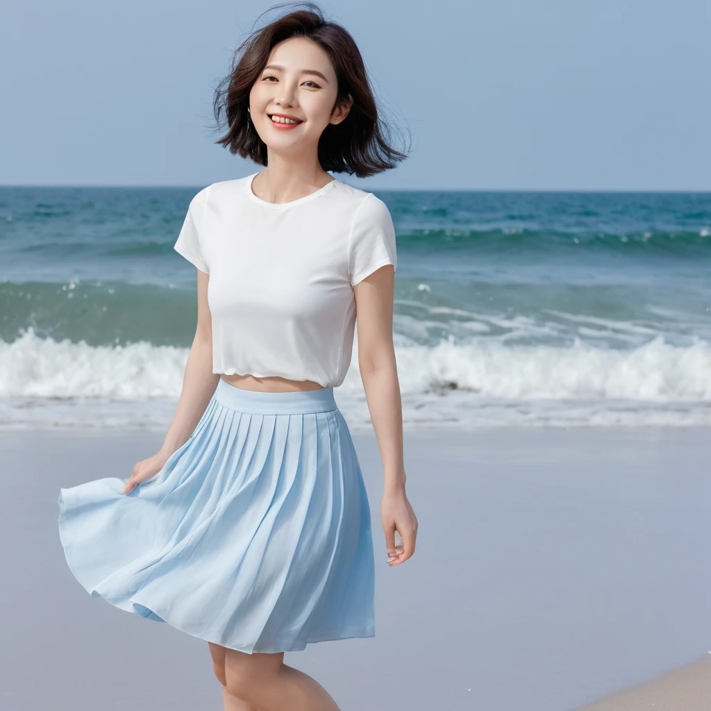blue, Beach with white waves, Clear picture quality, Beautiful 36-year-old short Korean woman, Chest size 34 inches, Wear white short sleeves and sleeveless tops, lightweight mid length skirt. beautiful pretty woman look , wearing a light skirt , Dipping my toes in the waves crashing in the distance. Short medium hair blowing in the wind, 1 woman, beautiful eyes, Smiling, Full-body photo taken from afar with a wide-angle lens, The background is clean and perfect., Waves are coming on the white sand beach, My skirt was very wet.. short woman