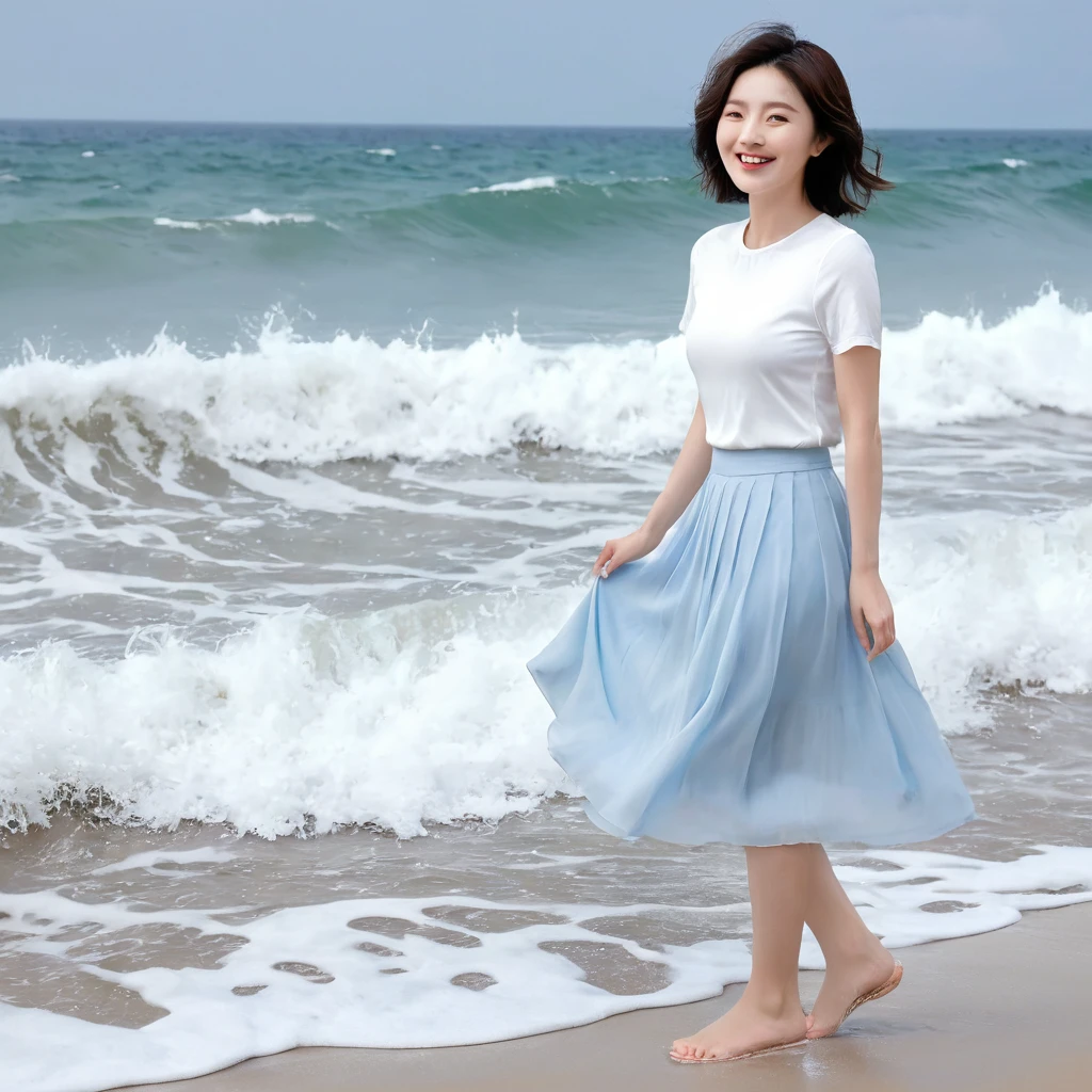 blue, Beach with white waves, Clear picture quality, Beautiful 36-year-old short Korean woman, Chest size 34 inches, Wear white short sleeves and sleeveless tops, lightweight mid length skirt. beautiful pretty woman look , wearing a light skirt , Dipping my toes in the waves crashing in the distance. Short medium hair blowing in the wind, 1 woman, beautiful eyes, Smiling, Full-body photo taken from afar with a wide-angle lens, The background is clean and perfect., Waves are coming on the white sand beach, My skirt was very wet.. short woman