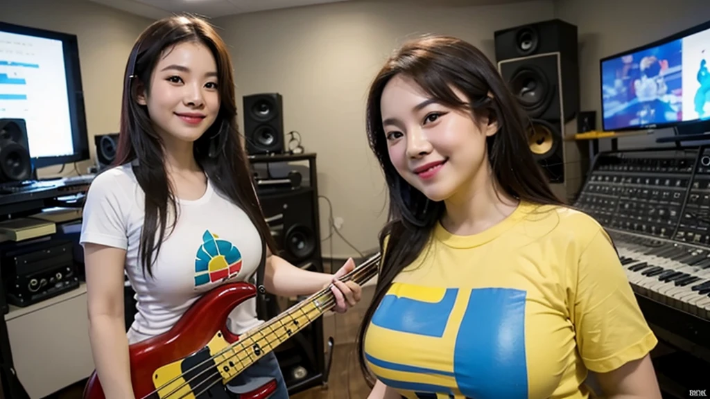 2 Vietnamese girls inside the music studio are playing bass,Vietnam flag t-shirt, High quality photos, HD, 4K, chill