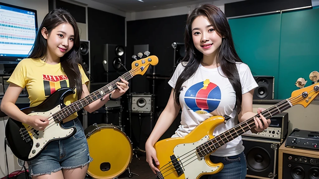 2 Vietnamese girls inside the music studio are playing bass,Vietnam flag t-shirt, High quality photos, HD, 4K, chill