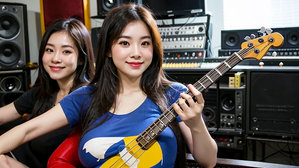 2 Vietnamese girls inside the music studio are playing bass,Vietnam flag t-shirt, High quality photos, HD, 4K, chill