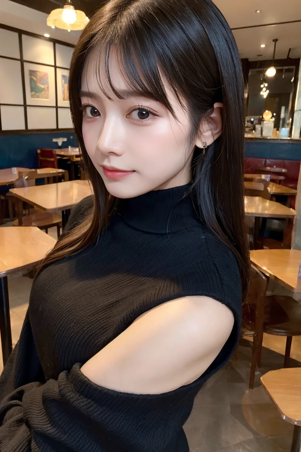 (Highest quality:1.4、masterpiece:1.4、Super detailed:1.4、8K:1.4)、Cafe、Black knit、Get up close and take a photo