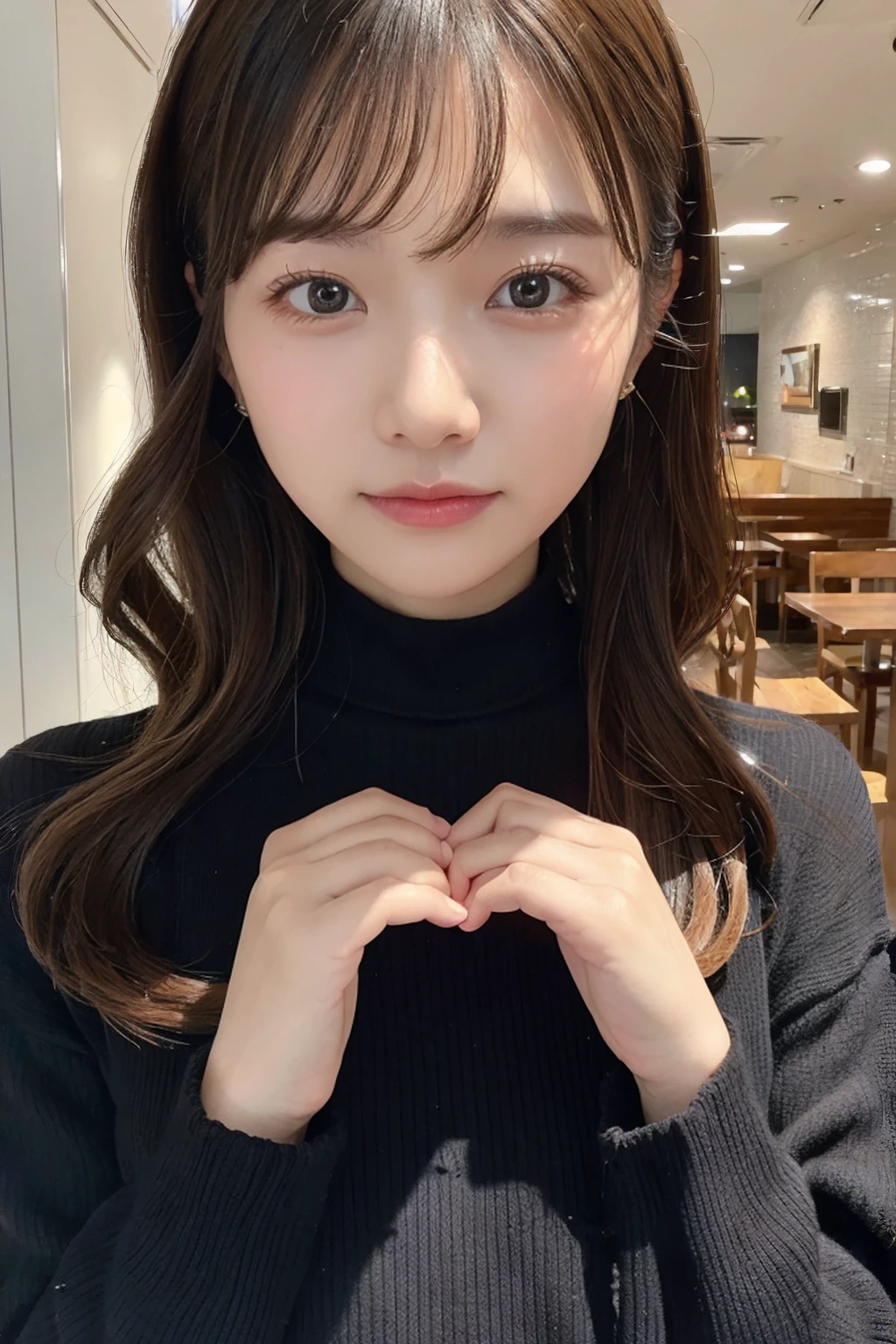 (Highest quality:1.4、masterpiece:1.4、Super detailed:1.4、8K:1.4)、Cafe、Black knit、Get up close and take a photo