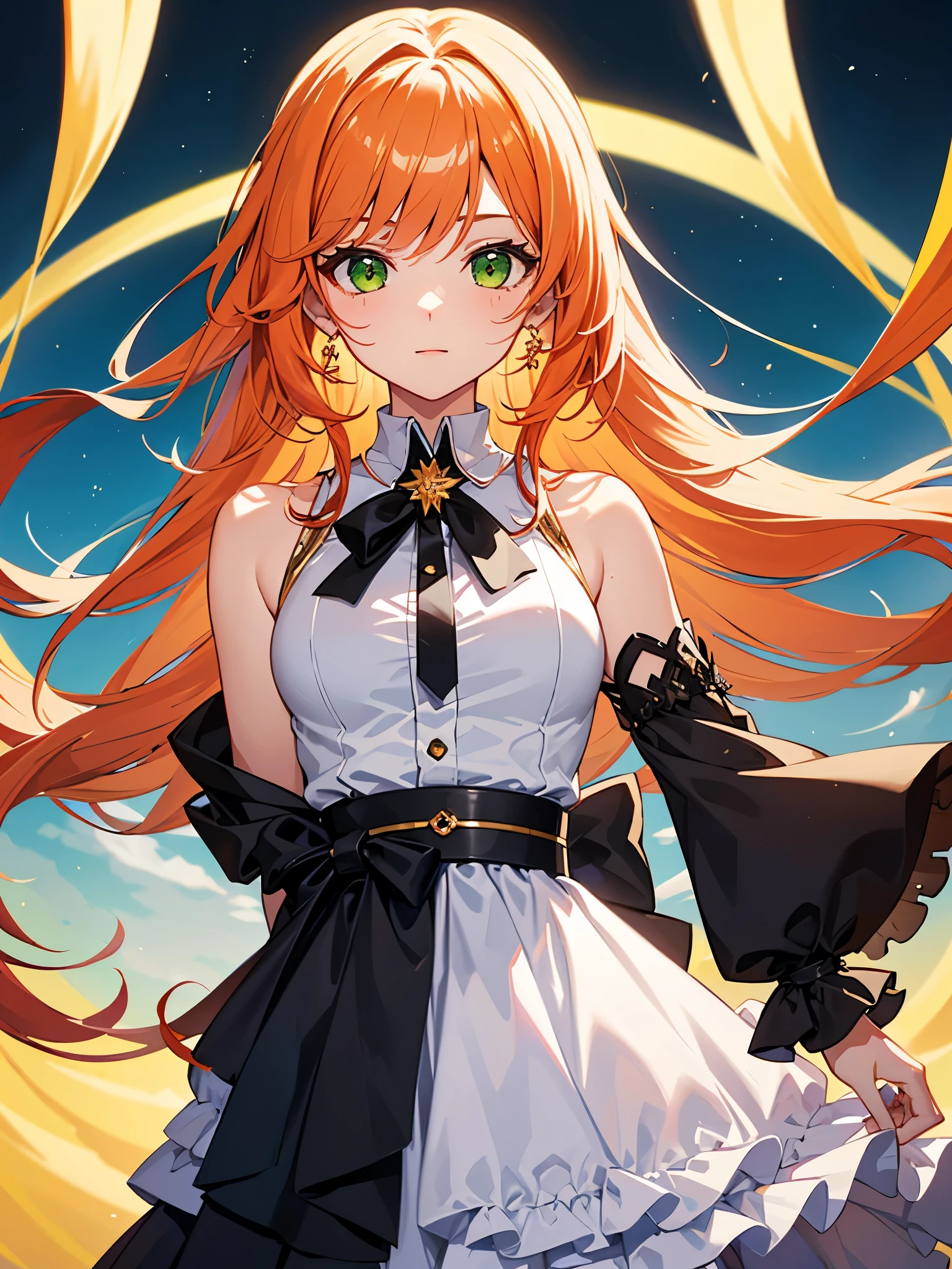 1girl, dress, idol costume, white clothes, layered skirt, orange hair, ((green eyes)), long straight hair