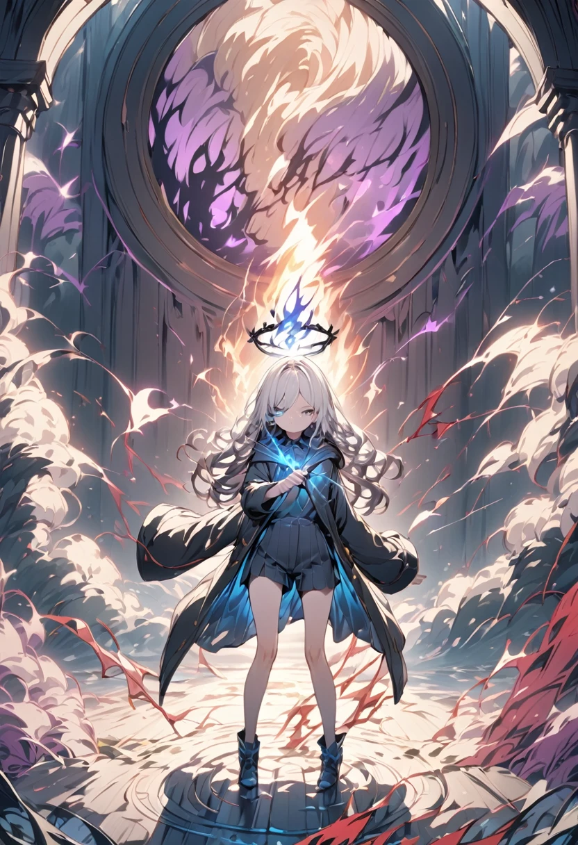 elementary, Shadow Surrounding Girl, lightning, Green Aura, Red aura, Purple aura, Flames surrounding the girl, masterpiece, Dark Theme, Highest quality, Maximum details, Very fine eye, Professional coloring, cinematic lightning, Remaining, Written boundary depth, Backlight, One Girl, Young girl, Silver Hair, Long Hair, Black glowing halo, Shining blue sea, Embrace the blue flame, magic circle, Black long coat, shirt, Black trousers, Swinging a thin black long sword, Expressionless, Purple left eye and blue right eye, Odd Eye