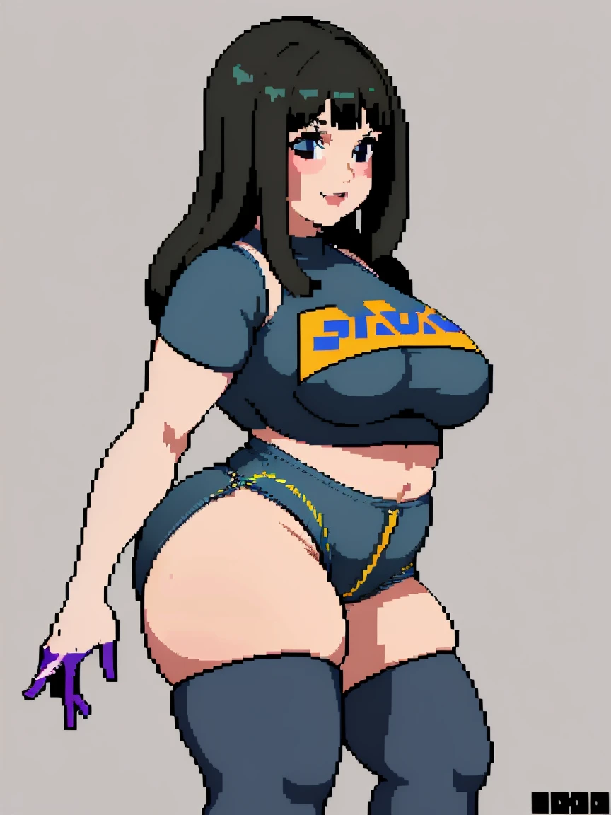 (masterpiece, top quality, best quality, less detail, 8-bit color), pixel,pixel art,1girl, fullbody, smack studio, separate body for edit, (bbw:2.0), (wide hips:1.4), (thick thighs:1.1), (tiny waist:1.3), (bulging exposed fat belly:1.2), (fat bellybutton), (denim shorts), (black crop top), (thighhighs), (shoes), sexy