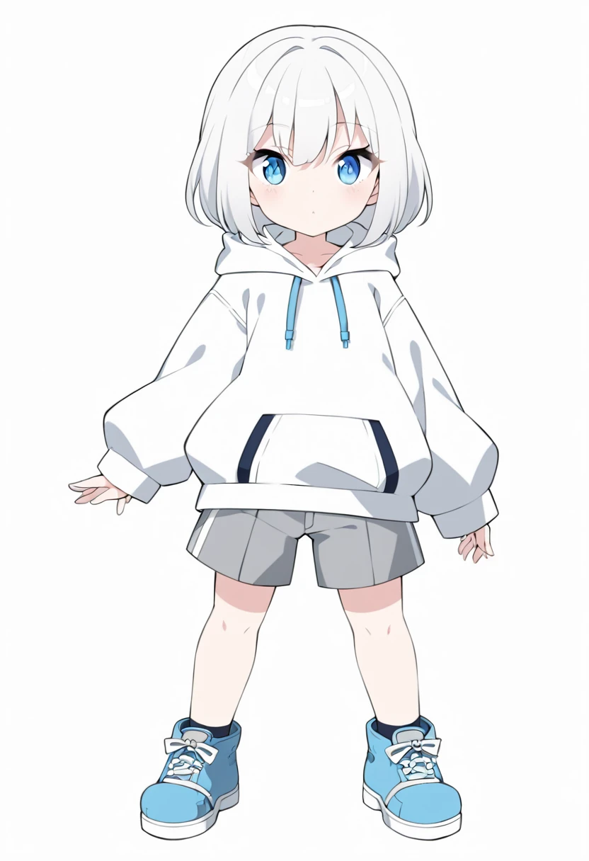 White hair, blue eyes, girl, bob, front, whole body,White hoodie, Gray shorts,White and blue shoes,(((Anime style))),Mini character, default