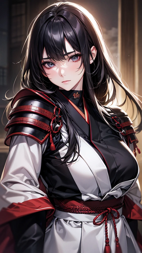 Highest quality, Ultra-high resolution, (Realistic: 1.4), beautiful Eyes, Super beautiful, beautiful, Warrior, Japanese style, Black tones、beautiful Soldier, Eyes that beckon, Mistress&#39;s point of view, Attractive look, Sexy smile, Perfect Style, Perfect balance, Detailed skin, Mischievous Gaze, ((Black Hair、Updo Hair:1.4)),(beautiful背景、night、moon:1.4)　