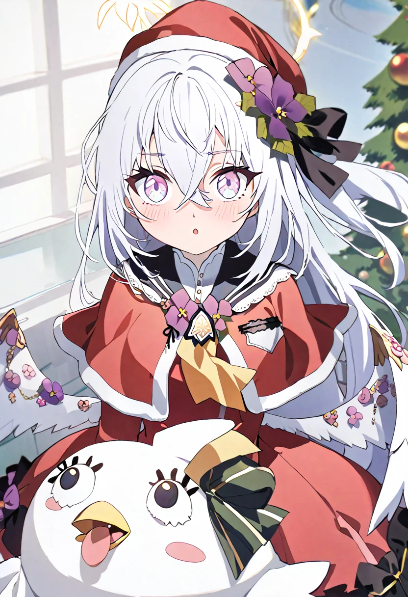 azusa \(blue archive\), peroro_(blue_archive) absurdres commentary highres 1girl alternate_costume angel_wings blush box capelet christmas christmas_tree dress gift gift_box grey_hair hair_between_eyes hat long_hair looking_at_viewer open_mouth pink_eyes pom_pom_(clothes) red_capelet red_dress red_hat santa_hat solo stuffed_toy white_wings wings