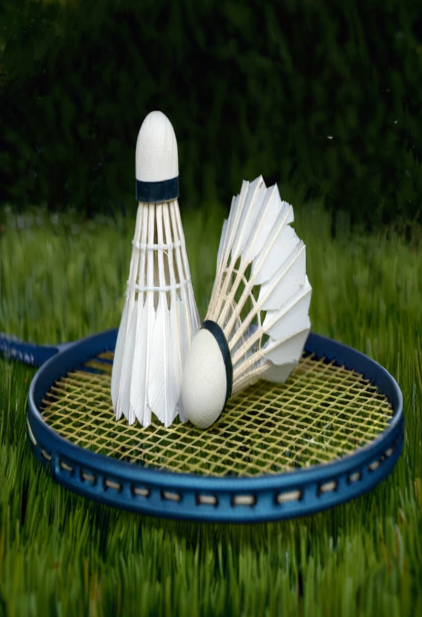 arafed shuttles and a badminton ball on a racket, badminton, green, tournament, Realistic rackets, Net, Superiority, Wooden, Mid-range close-up shot, Waiting for the attack, sports setting, Mid-range close-up shot, complex, Outperform the competition, Winning Shots, Winning Shots, Great shots, Portrait Shot, Close-up photography