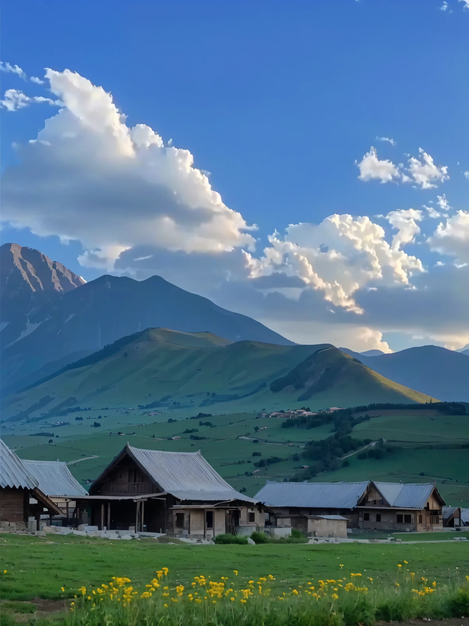 with mountains in the distance,In the foreground are several houses and a cow, villages at background, village, Mountains in the background, 8K)), very scenery is beautiful, scenery is beautiful, In the valley, Alexander Runciman, Mountains in the background, Mountains in the background, 背景中的village庄, very very scenery is beautiful, Valle encantador