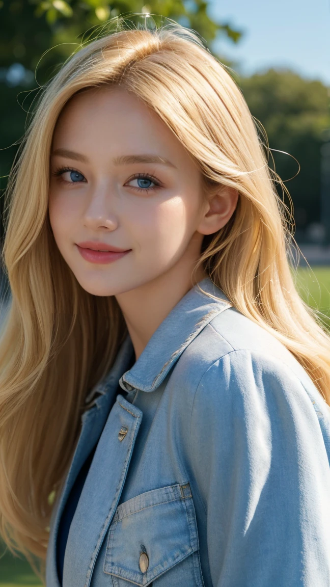 masterpiece, Highest quality, One girl, beautiful, Are you okay, delicate, Very complicated, detailed, Blonde, Jacket, blue eyes, ((masterpiece)), extremely detailed, Highest quality, High resolution, ((at the park)), Bridget, smile,