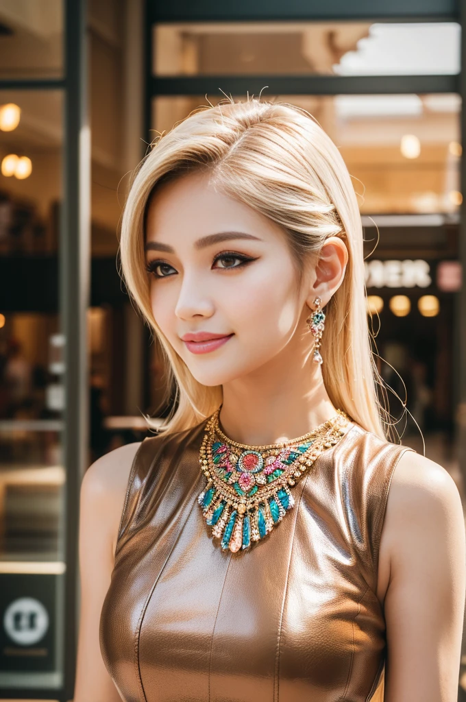 (best quality, 4k ,8k, highres, masterpiece:1.2), ultra-detailed, (realistic, photorealistic, photo-realistic:1.37), closeup, sexy seductive Thai woman, (seductive smile), long lashes, eyeliner, dramatic makeup, defined eyebrows, platinum blonde hair, fair skin, slender figure, elegant posture, wearing large sparkling colorful jewelery, wearing a business style leather dress, standing in a large shopping mall, gentle sunlight shining through the shopping mall windows, casting a soft glow on her face, adding warmth to the scene, vibrant colors, capturing the essence of vibrant city life, portrait style, showcasing her natural beauty and grace in a feminine way