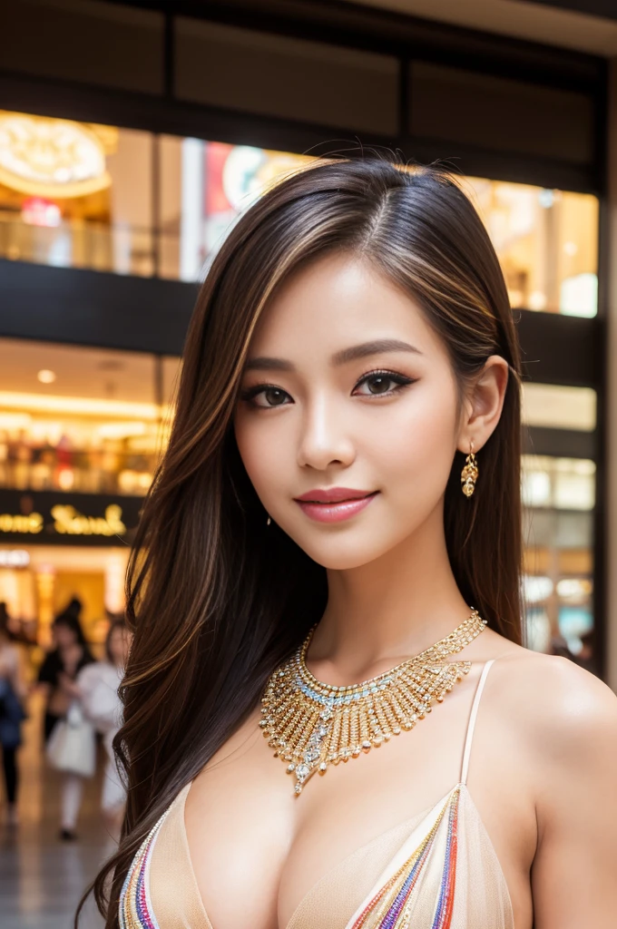 (masterpiece:1.4), (best quality:1.4), ultra high res, ultra high resolution, ((detailed facial features)), HDR, (realistic, photorealistic, photo-realistic:1.37), closeup, sexy seductive Thai woman, (seductive smile), long lashes, beautiful makeup, platinum blonde hair, fair skin, slender figure, elegant posture, wearing large sparkling colorful jewelry, wearing a business style leather dress, standing in a large shopping mall, gentle sunlight shining through the shopping mall windows, casting a soft glow on her face, adding warmth to the scene, vibrant colors, capturing the essence of vibrant city life, portrait style, showcasing her natural beauty and grace in a feminine way