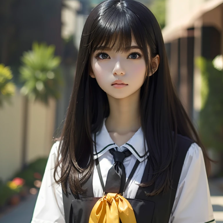 schoolgirl,Black clothes,Fair skin,Long black straight hair,look up,Upper part of the body,HD,masterpiece,16K,Glamorous