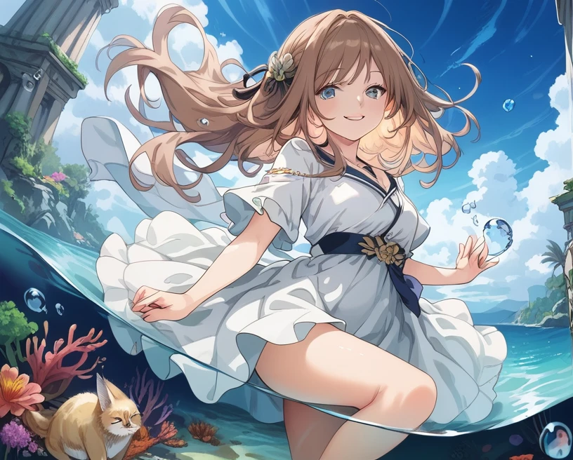 score_9, score_8_up, score_7_up, source_anime,masterpiece, best quality, high resolution, extremely detailed CG, absurdres, 1girl, solo, a beautiful girl, gentle smile, ((under the sea)), (white marble Greek temple under water), a girl floating under water, brown_hair, long_hair, fishs, Tyndall light, under sea, under ocean, underwater, submerged water, deep submersion, landscape