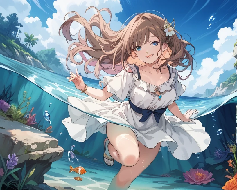 score_9, score_8_up, score_7_up, source_anime,masterpiece, best quality, high resolution, extremely detailed CG, absurdres, 1girl, solo, a beautiful girl, gentle smile, ((under the sea)), (white marble Greek temple under water), a girl floating under water, brown_hair, long_hair, fishs, Tyndall light, under sea, under ocean, underwater, submerged water, deep submersion, landscape
