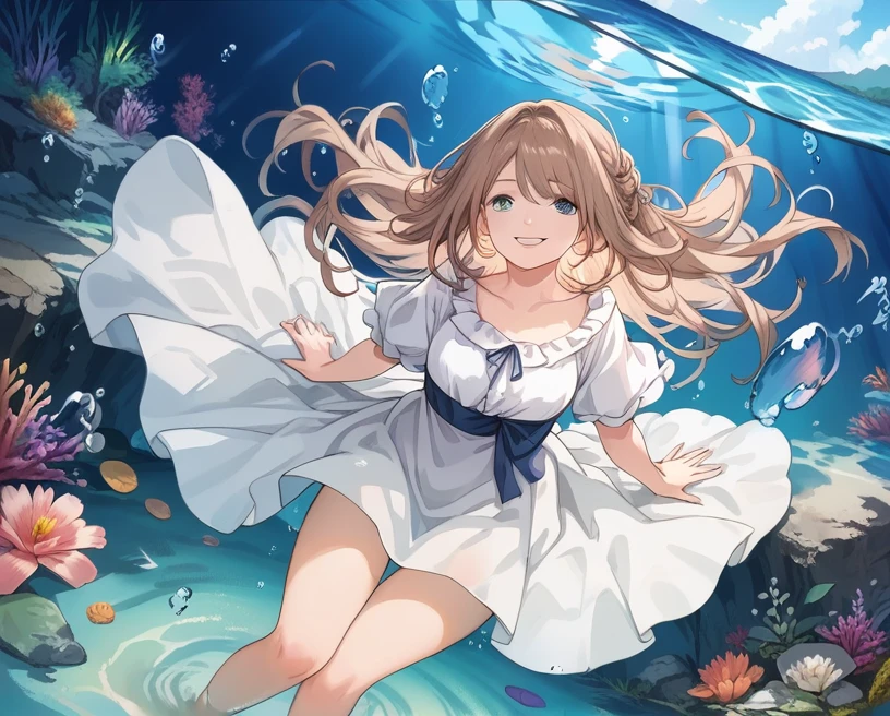 score_9, score_8_up, score_7_up, source_anime,masterpiece, best quality, high resolution, extremely detailed CG, absurdres, 1girl, solo, a beautiful girl, gentle smile, ((under the sea)), (white marble Greek temple under water), a girl floating under water, brown_hair, long_hair, fishs, Tyndall light, under sea, under ocean, underwater, submerged water, deep submersion, landscape