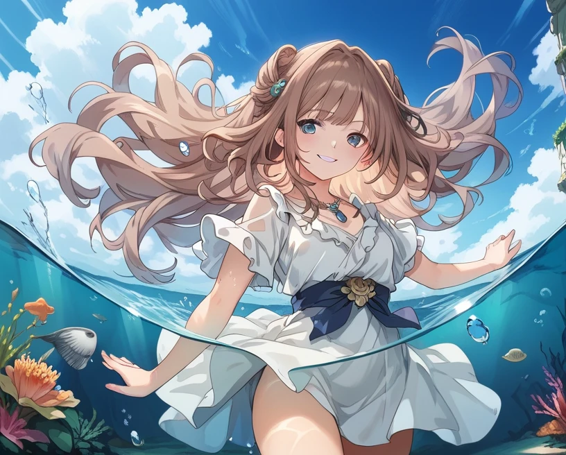 score_9, score_8_up, score_7_up, source_anime,masterpiece, best quality, high resolution, extremely detailed CG, absurdres, 1girl, solo, a beautiful girl, gentle smile, ((under the sea)), (white marble Greek temple under water), a girl floating under water, brown_hair, long_hair, fishs, Tyndall light, under sea, under ocean, underwater, submerged water, deep submersion, landscape