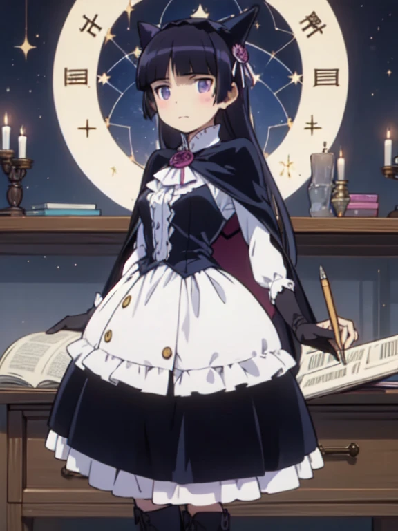(masterpiece, Highest quality:1.1), (astrologer), 1 Girl, alone, witch hat, gloves, dress, Black Costume、((Long skirt))、Frills, boots, Cape, witch, ((ruri gokou)), Study, star position, Night Sky, Ancient, astronomy book, Astrology Tools, Star, Quill pen, Candles, Soft Light, Warmth
