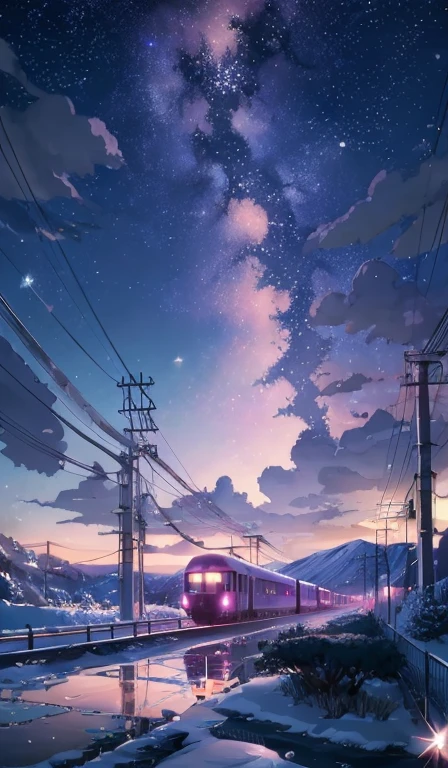 (((Makoto Shinkai style)),Pixiv,Anime Drawings,high quality,pink purple sky,Beautiful views),(universe,Trains pass,magical realism,((Makoto Shinkai style)) ::0.8), [Artistic atmosphere, atmosphere:0.8, Starry Sky, Hills, Snow Mountain, Carbonated water, Grass, wood, cigarette, performer, Low viewing angle, Mirror is scattered,