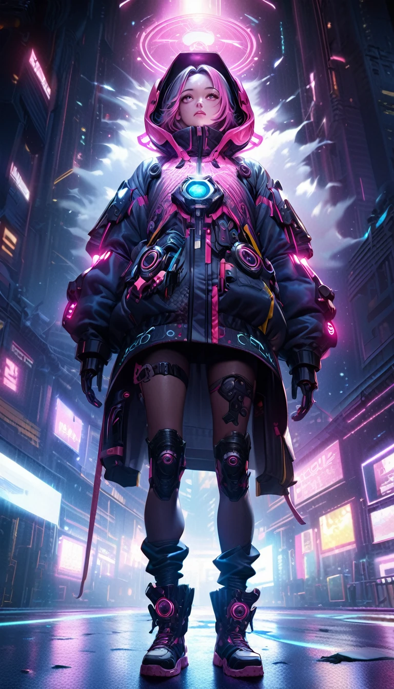 cyberpunk astrologer, hyper-realistic, night sky, cyberpink gear and outfit, full body shot, looking up at stars, intricate details, hyperdetailed, dramatic lighting, cinematic, stunning colors, , volumetric fog, depth of field, 8k, photorealistic, masterpiece