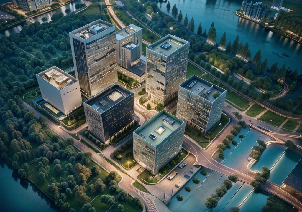 Skyscraper office building with green trees at night, High-tech environment, clear focus illustration hq, hq very detailed, The above points, skyscraper forest community, City, There is a river in the distance, City建筑亮化, High field of view, High-rise buildings,masterpiece,High Detail,HD resolution,8K,Crisp, high-quality rendering