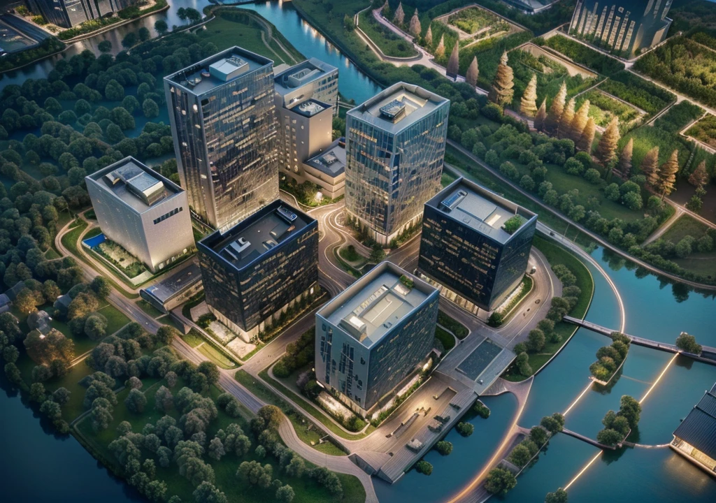 Skyscraper office building with green trees at night, High-tech environment, clear focus illustration hq, hq very detailed, The above points, skyscraper forest community, City, There is a river in the distance, City建筑亮化, High field of view, High-rise buildings,masterpiece,High Detail,HD resolution,8K,Crisp, high-quality rendering