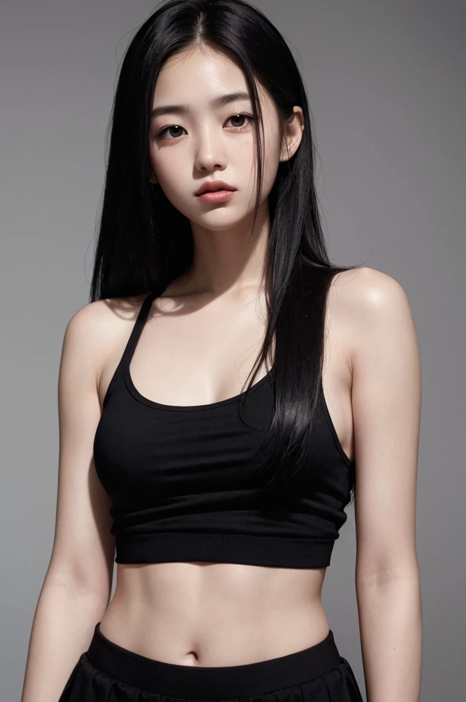 20 year old girl, black tank top, black skirt, long hair, high contrast (Natural skin texture, Hyperrealism, Soft Light, sharp), portrait, standing, kpop