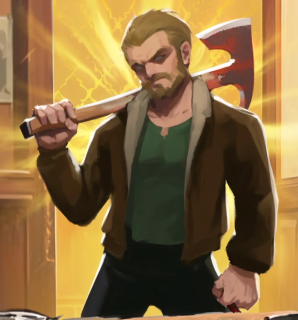 a close up of a cartoon of a man holding a large ax, holding axe, lumberjack, holding an axe, with axe, with an axe, attacking with axe, with a two handed axe, holding a poisonous axe, wielding an axe, wielding an axe on each hand, dual wielding axes, godsent, wielding a huge great axe, epic rpg portrait