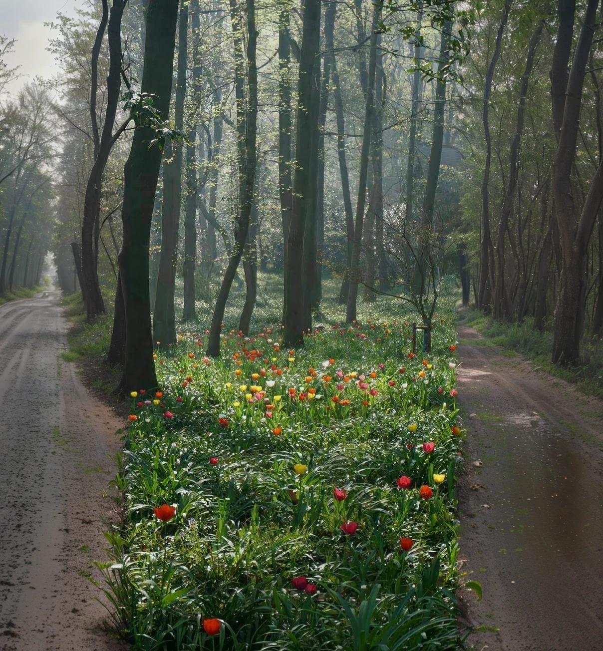 A dirt road with a wet appearance and on the sides there are trees. Besides, There are people sleeping at the foot of each of the trees , and a temperate climate with a light on the horizon of the road.
