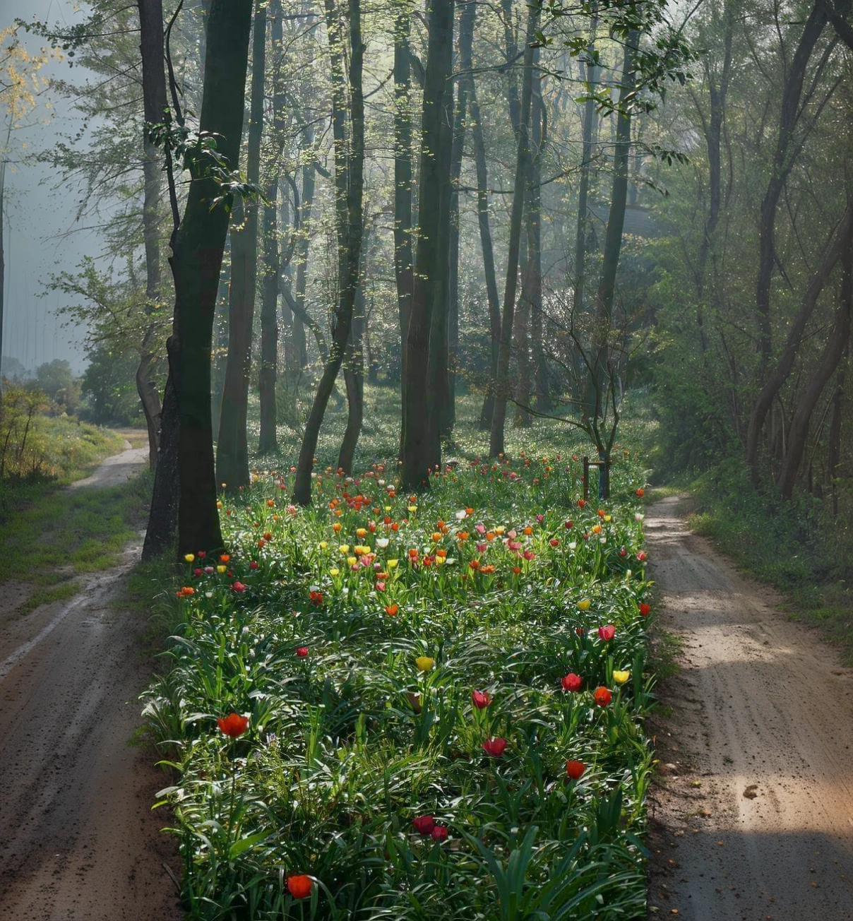 A dirt road with a wet appearance and on the sides there are trees. Besides, There are people sleeping at the foot of each of the trees , and a temperate climate with a light on the horizon of the road. 