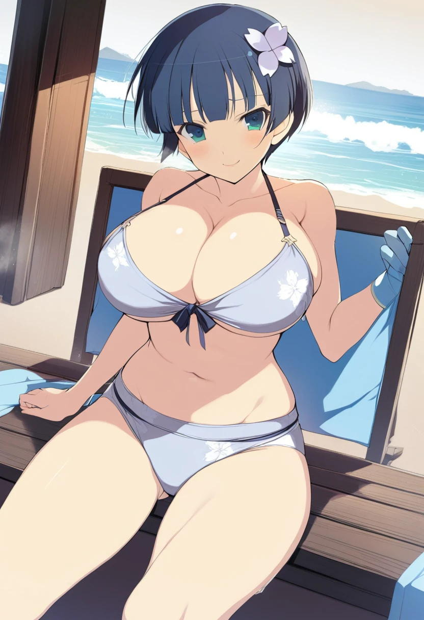 masterpiece, best quality, 
yozakura (senran kagura), 1girl, breasts, solo, 
short hair, blue hair, flower, blue eyes, large breasts, hair ornament, 
hair flower, navel, midriff, bare legs, cleavage, emblem, smile, 
bikini, 
pov, 