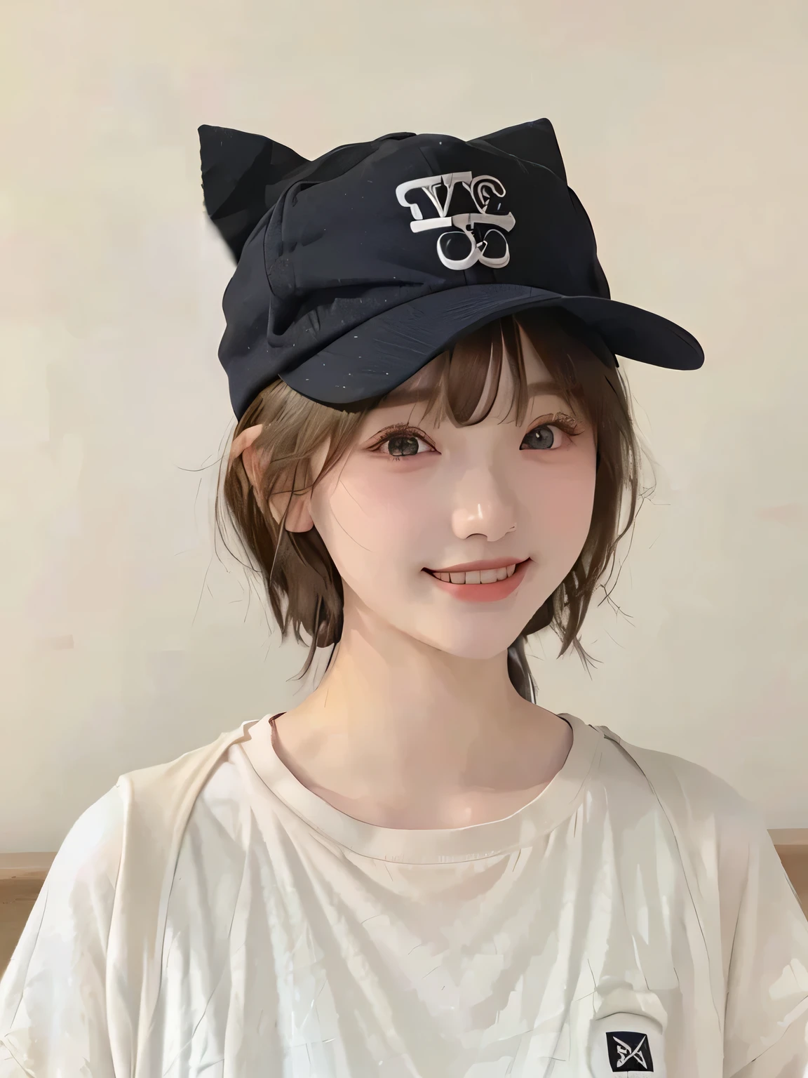 Best image quality、original photo、ultra high resolution、21 years old Korean、small breasts、dynamic angle、Cowboy shooting、The most beautiful form of chaos、elegant、Innovative design、bright colors、,light brown short hair、disheveled hair、light brown eyes 、black baseball cap(Facial expressionSmile)、short bob、Smile、Fair and shiny skin、beautiful eyes,random colors、The details are very beautiful、thin lips、Delicate and beautiful eyes、elongated eyes、Pale pink cheeks、long eyelashes、beautiful double eyelids、eye shadow、he、White Large T-shirt Sweatshirt、baggy pants、Shot from the side、sexy pose、enlarge