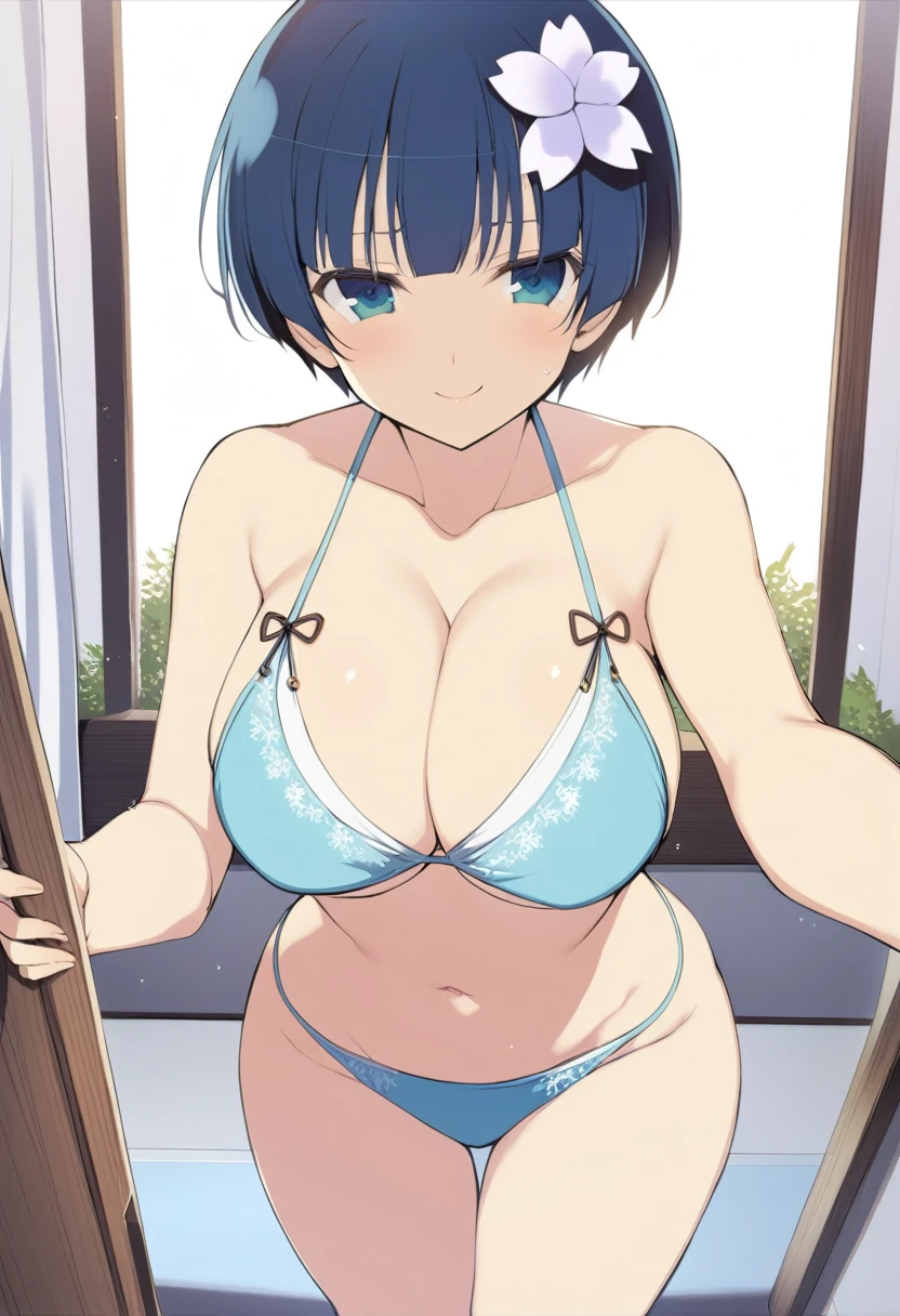 masterpiece, best quality,
yozakura (senran kagura), 1girl, breasts, solo,
short hair, blue hair, flower, blue eyes, large breasts, hair ornament,
hair flower, navel, midriff, bare legs, cleavage, emblem, smile,
bikini,
pov,