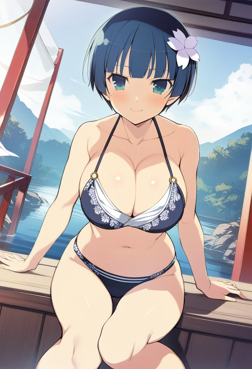 masterpiece, best quality,
yozakura (senran kagura), 1girl, breasts, solo,
short hair, blue hair, flower, blue eyes, large breasts, hair ornament,
hair flower, navel, midriff, bare legs, cleavage, emblem, smile,
bikini,
pov,