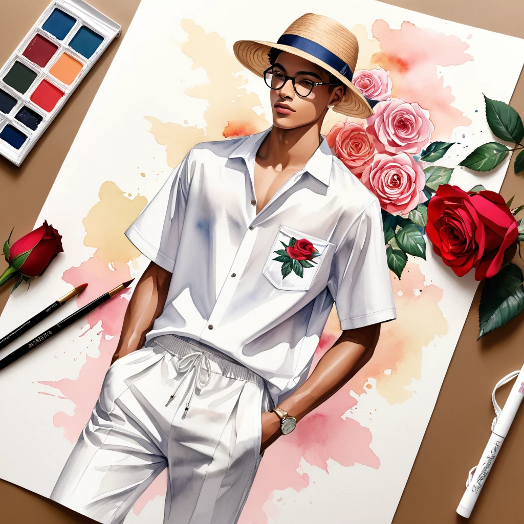 candid fashion illustration of young Mixed race 2man, both aged 18-23 year old, ((showcase fashion look book in White linen outfits)), the design inspired by David Austin Rose, in elegant chic style. The man wears an oversized short-sleeved shirt with a minimal embroidery pocket details, paired with relaxed-fit white Short with Drawstring, He completes his look with white sneakers and round glasses. The boyfriend complements him in a Calf-length fitted pants in a stripe woven cotton, He resemble includes an accessorizes with a brimmed straw hat and white sneakers, Captured in a low angle, ((full-body image)), ((roses drawing in water color in background)), fashion sketching, realistic drawing, ((imperfect water color drawing)), fashion look book, fashion illustrator, fashion sketch design, gay, gay couple,